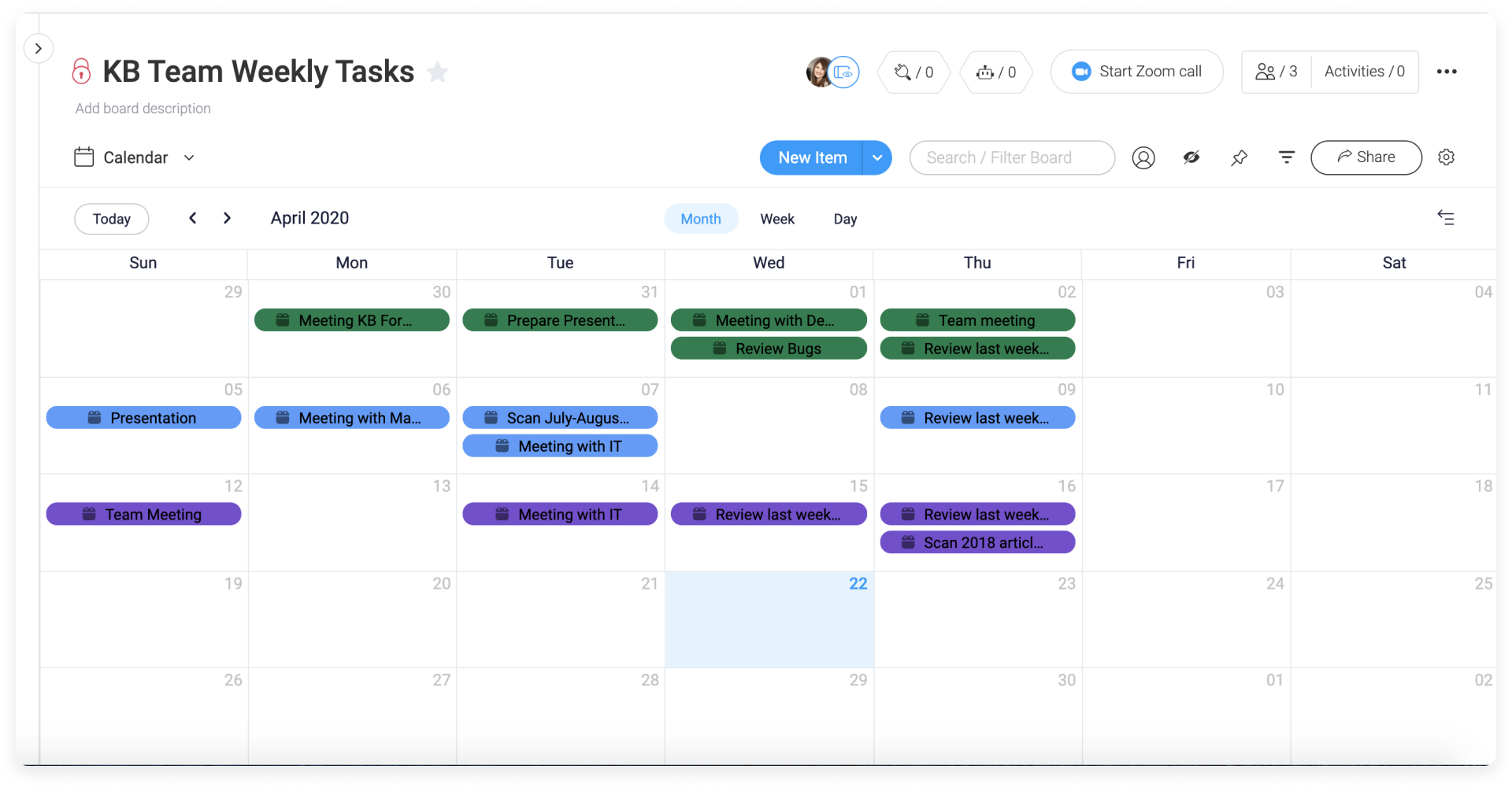 screenshot of monday.com calendar view