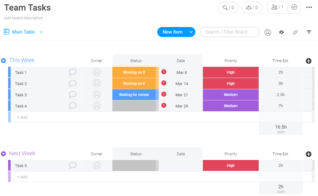 monday.com team task template