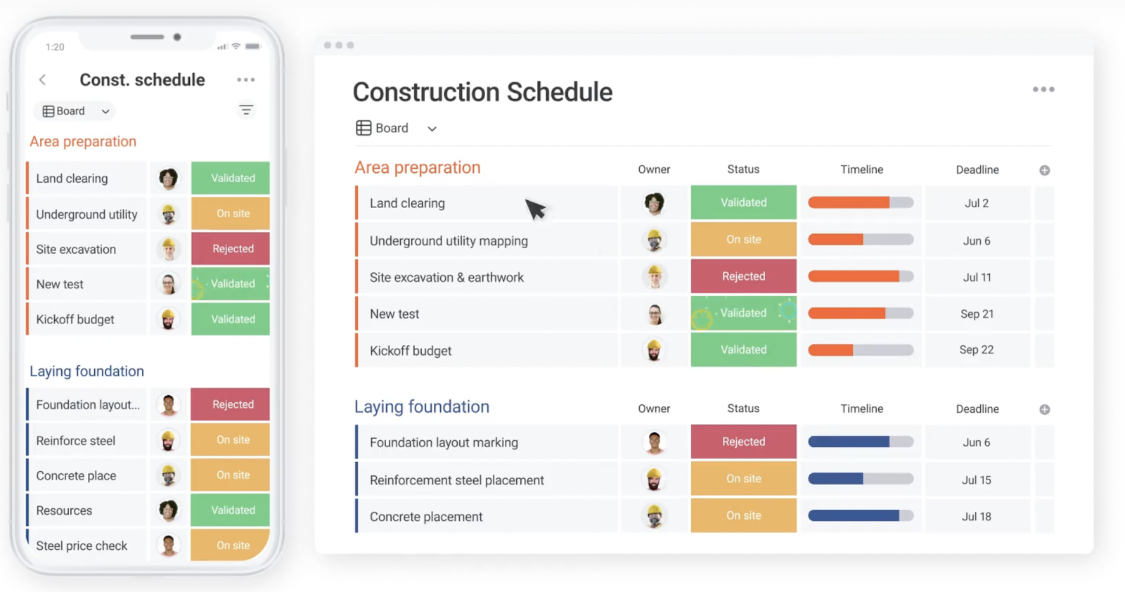 screenshot of a monday.com construction schedule