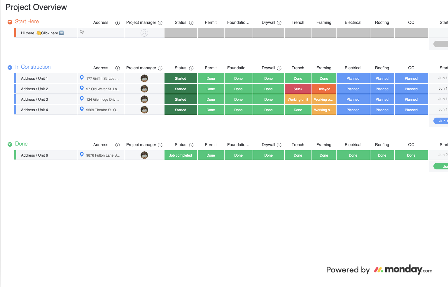 screenshot of a construction task management board in monday.com