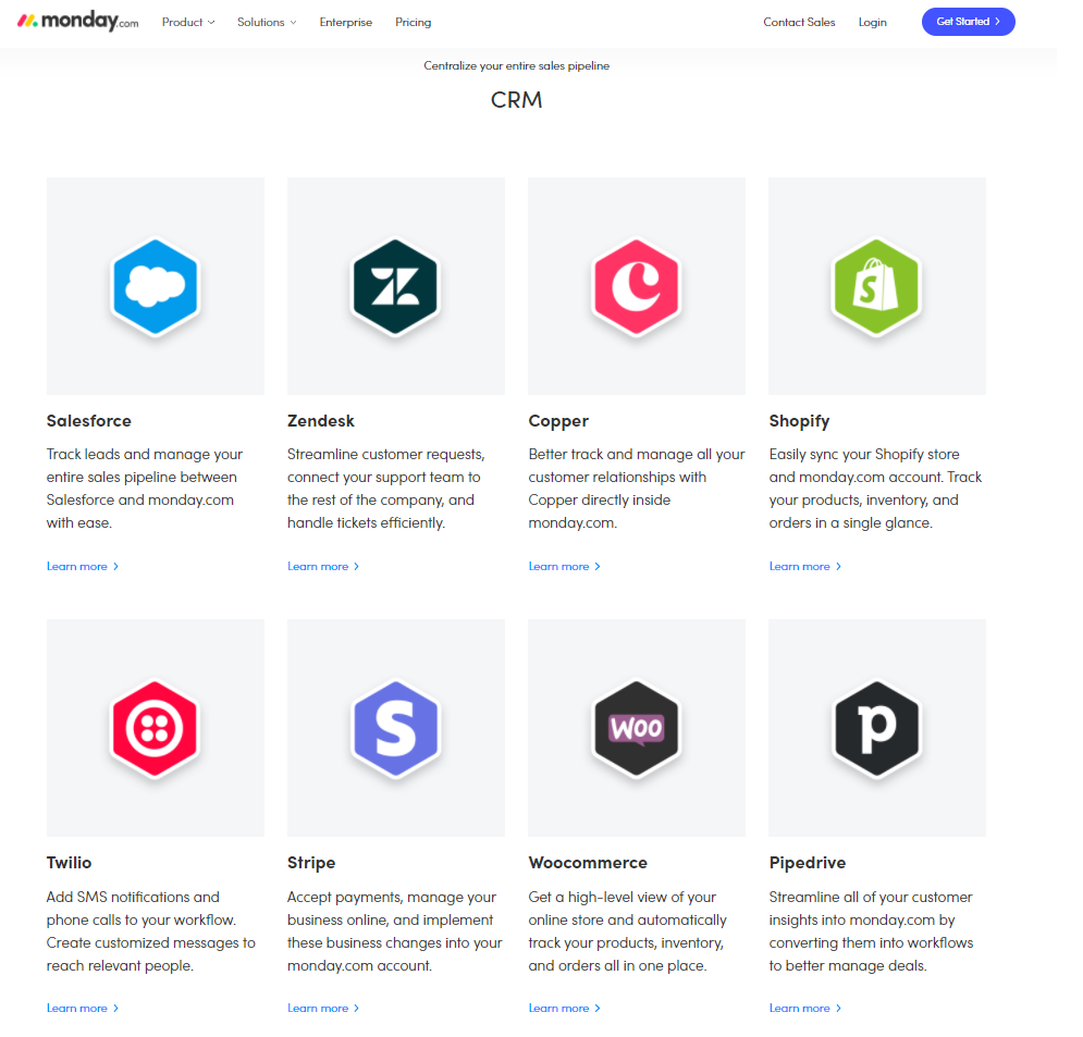 monday.com list of integrations such as salesforce, zendesk, and pipedrive
