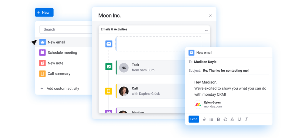 A screenshot highlighting communication features in monday CRM for startups. 