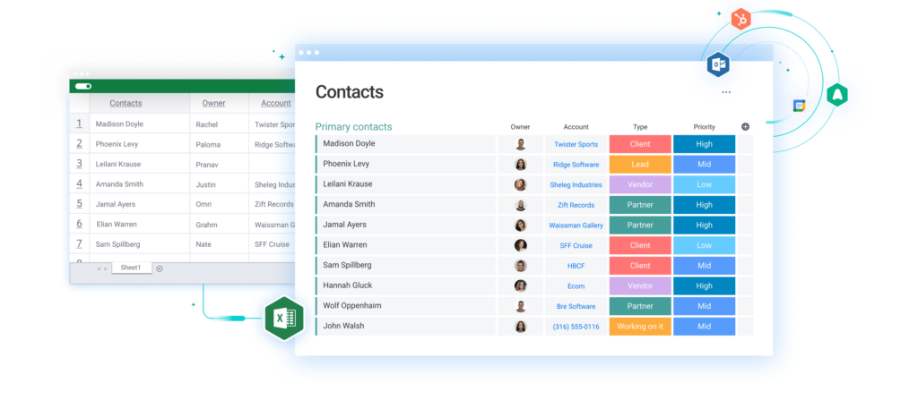 A screenshot of monday CRM for startups showing how to import data such as contact details to streamline customer relationship management. 