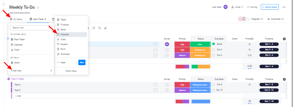 Online planner views