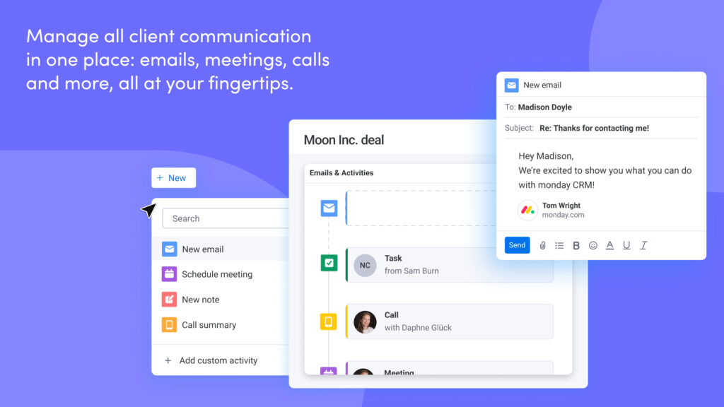 text says " manage all client communication in one place: emails, meetings, calls and more, all at your fingertips along with graphic demonstrating these features. 