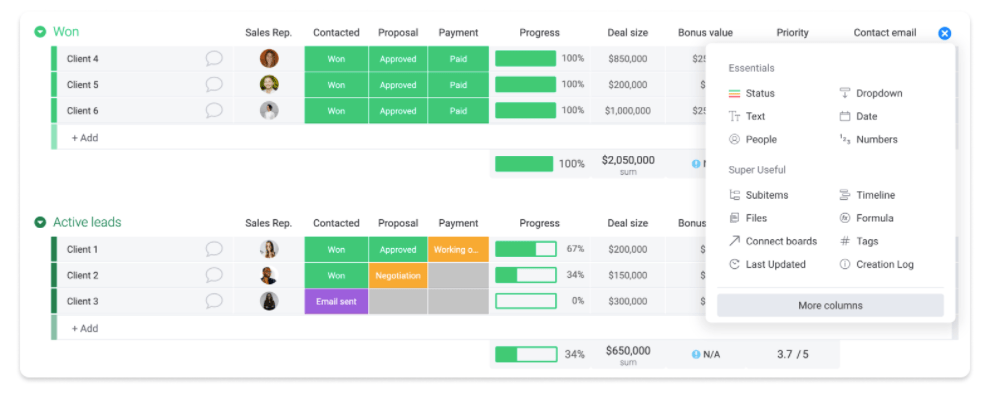 screenshot showing how to add columns in monday.com