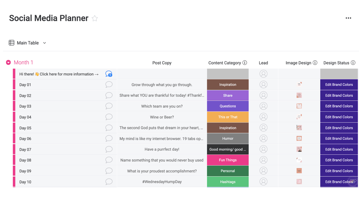 daily social media calendar with color-coded categories