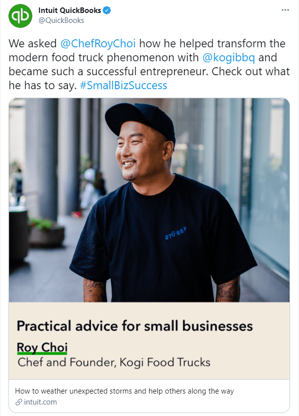 Intuit QuickBooks tweet featuring Roy Choi and practical small business advice