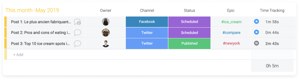 Screenshot of monday.com interface that shows the time tracking feature