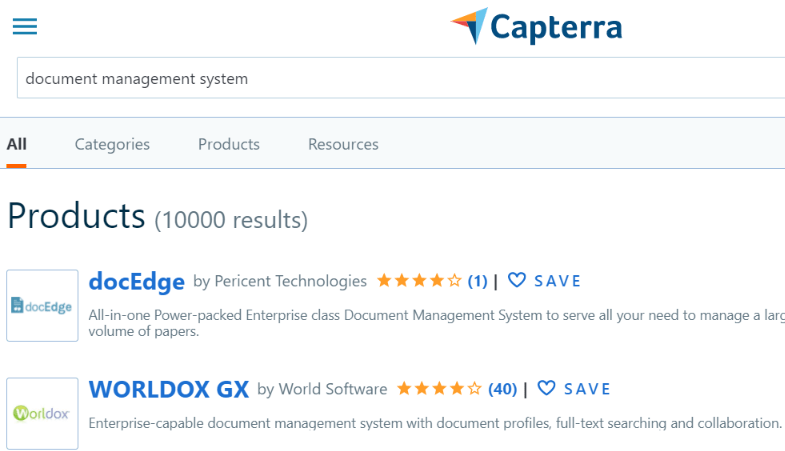 Capterra's search results for "Document management system"