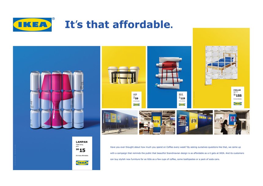 Ikea's cost product strategy explained by one of their ads. The ad says "Ikea It's that affordable" and shows the cheap prices of the products. 