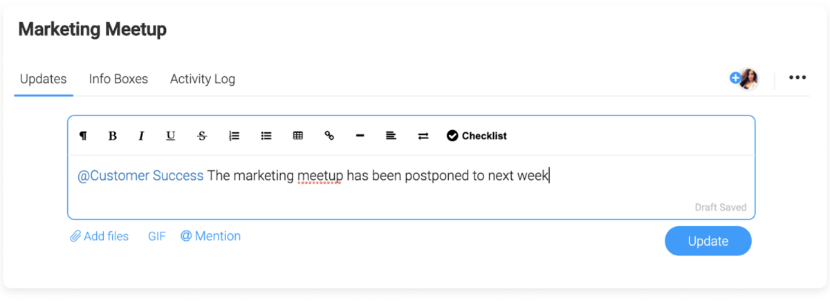 Image of monday.com user about to provide a team-wide update