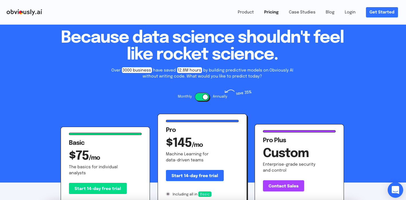 Screenshot of Obviously.ai's pricing page, outlining their pricing plans for the Basic, Pro and Pro Plus options