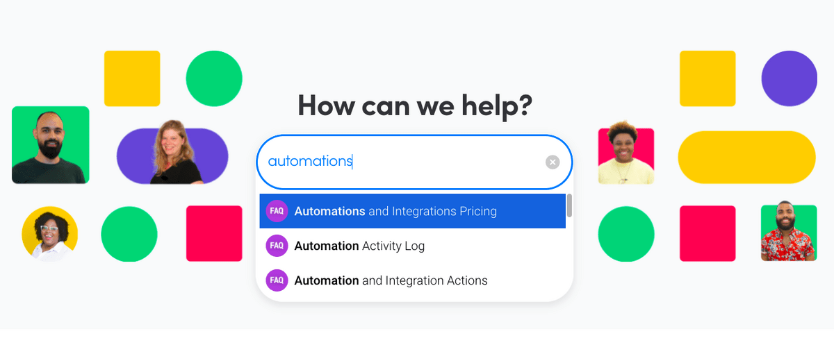 Image of monday.com's knowledge base search function looking for information about automations