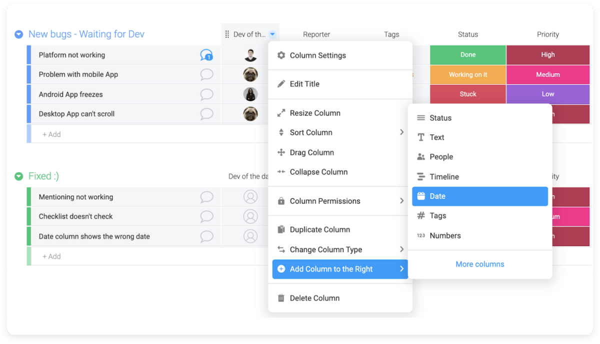 Image of monday.com board which allows the user to add a new custom column