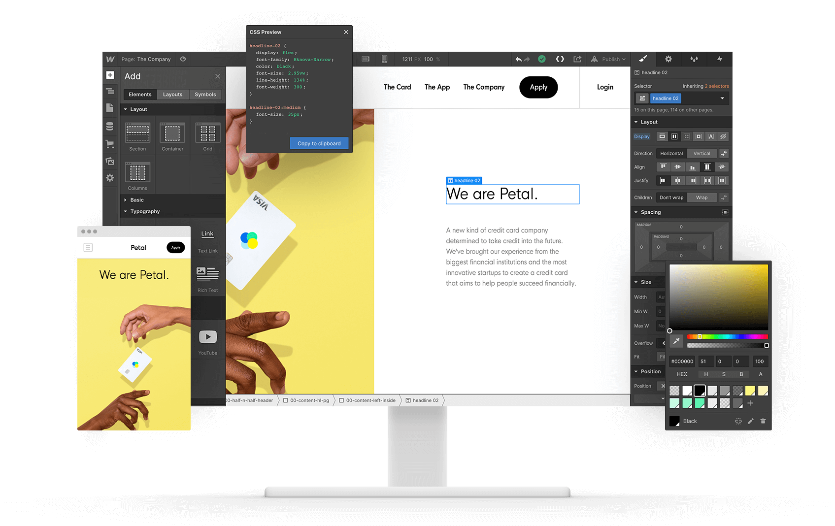 Webflow graphic illustrating the various web design features, including text editing and image design