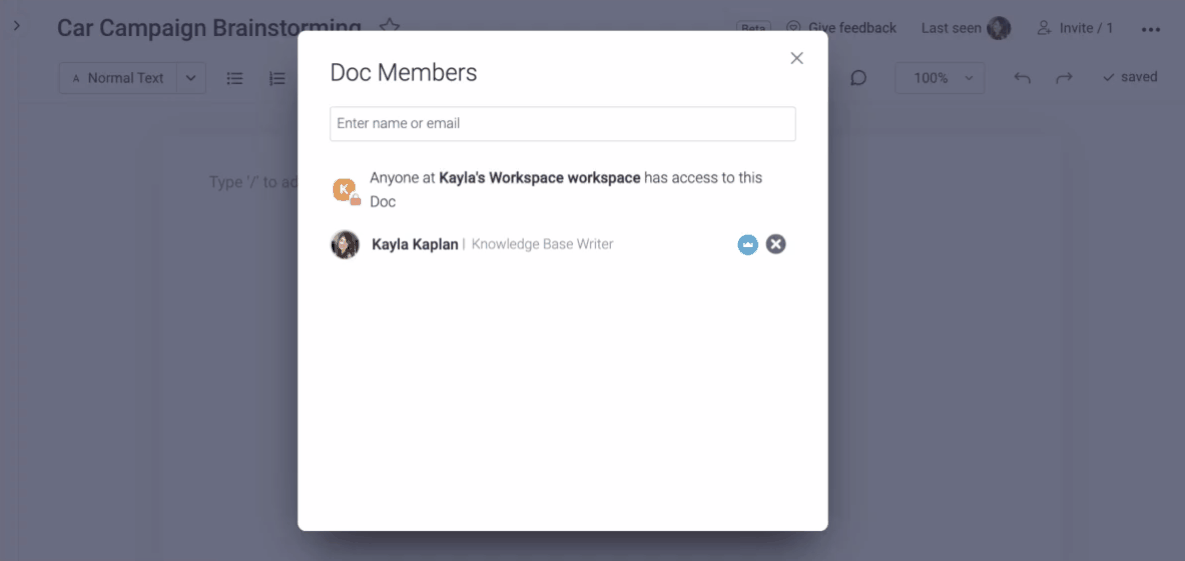 Adding members to a document in monday.com Docs