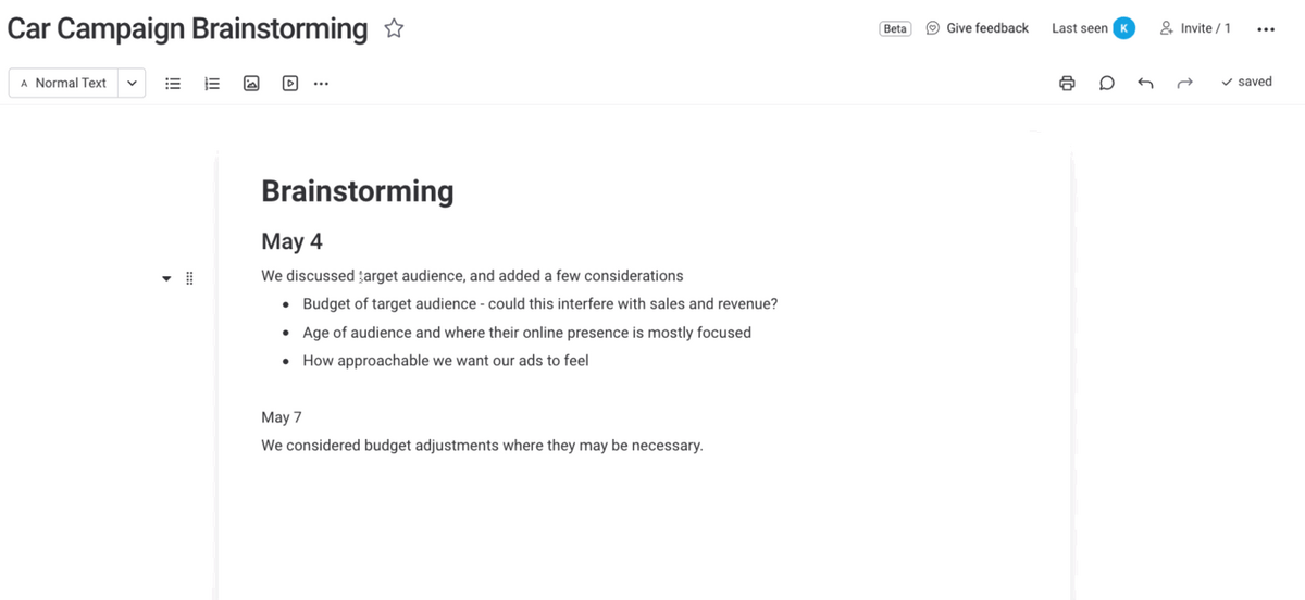 A brainstorming document multiple people can collaborate on in monday.com Docs