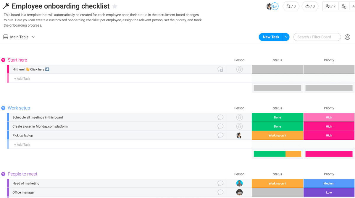 Screenshot of monday.com's employee onboarding checklist template