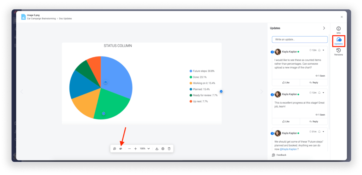 Leaving updates on an element in monday.com Docs