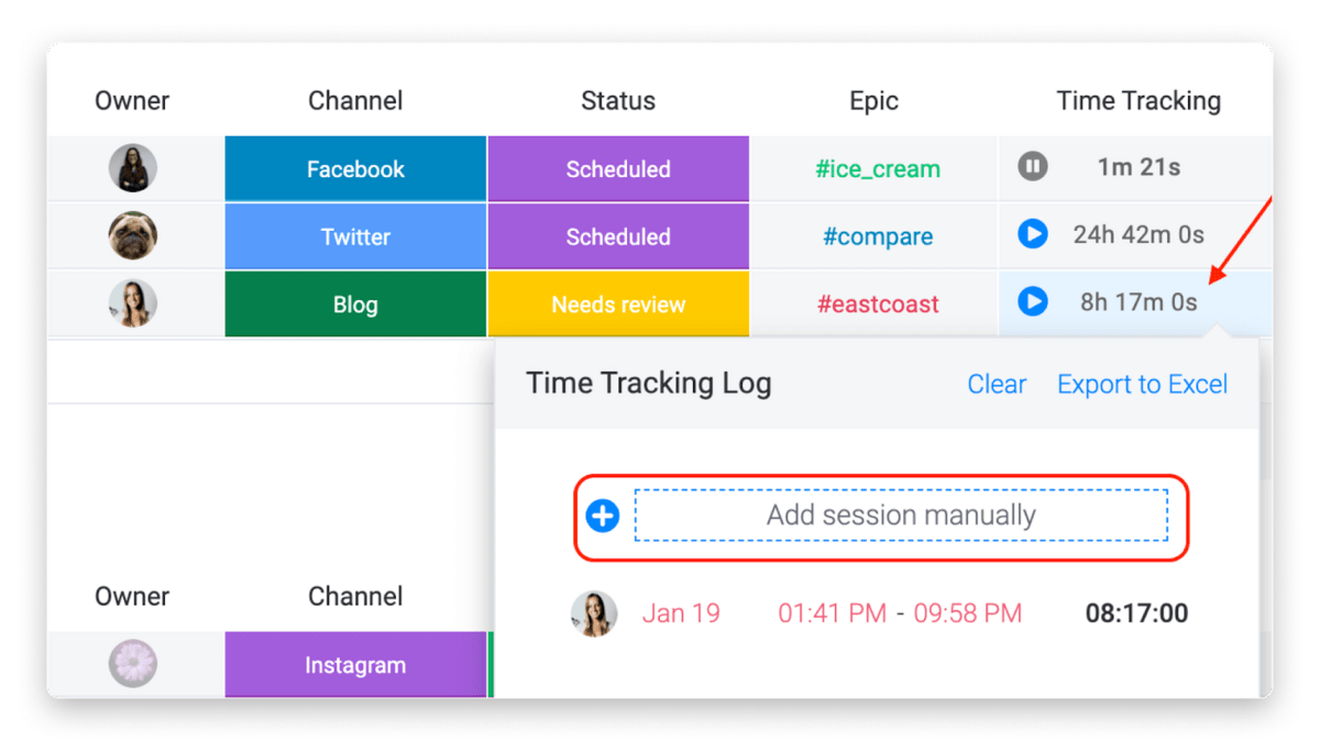 monday.com's time tracking feature