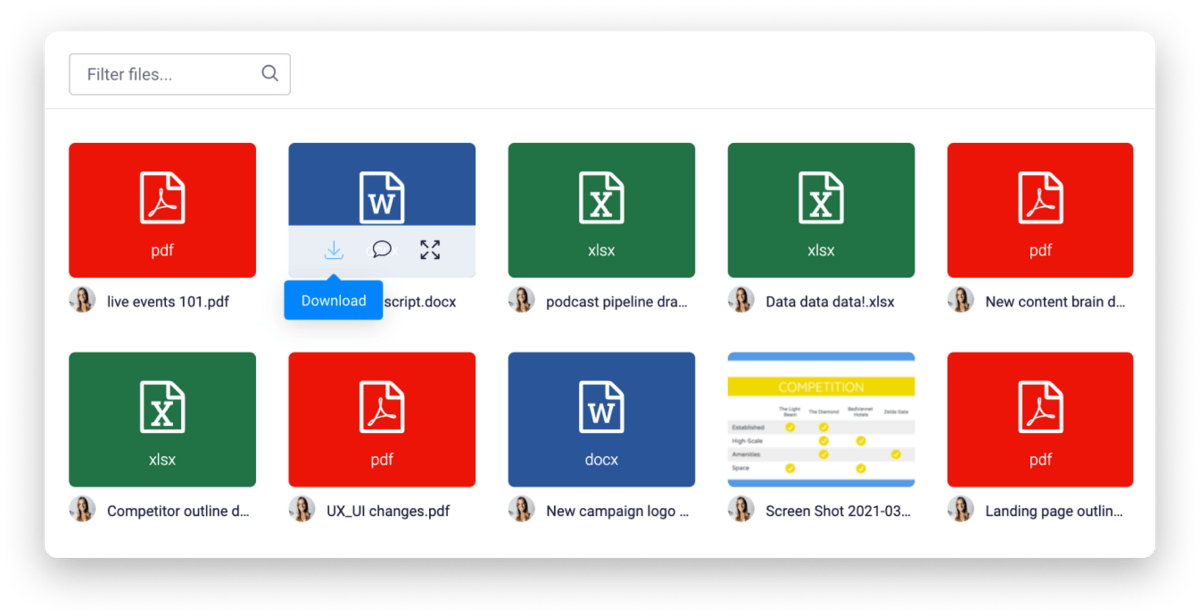 Image of monday.com's file sharing capabilities, featuring word documents, spreadsheets, and PDFs