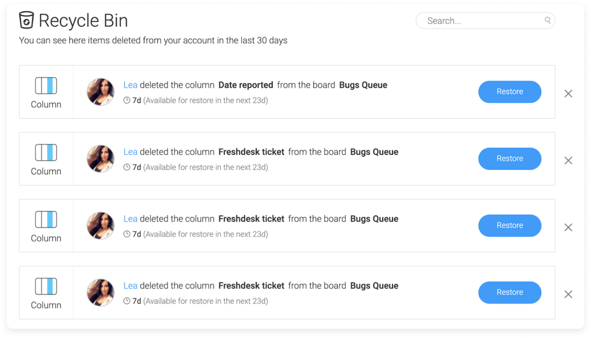 monday.com's Recycle Bin in action