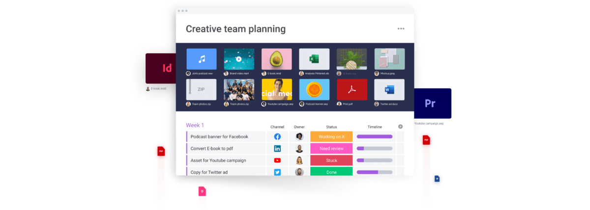 monday.com visual showing the interface managing creative files and documents