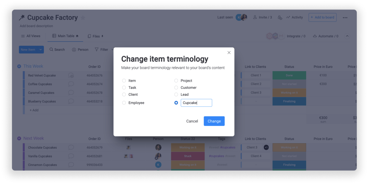 Image of monday.com's platform allowing a user to change the item terminology