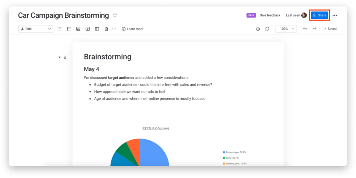 Image of a monday.com workdoc that outlines a Car Campaign Brainstorming session