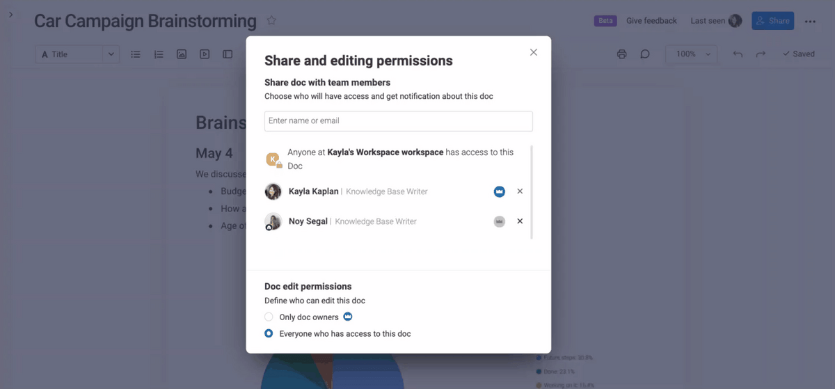 Image of monday.com's sharing and editing permissions on workdocs