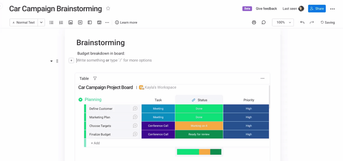 Image of a monday.com workdoc with a project board widget