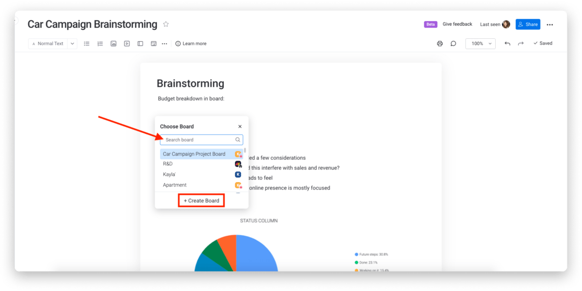 monday.com chart embedded in workdoc