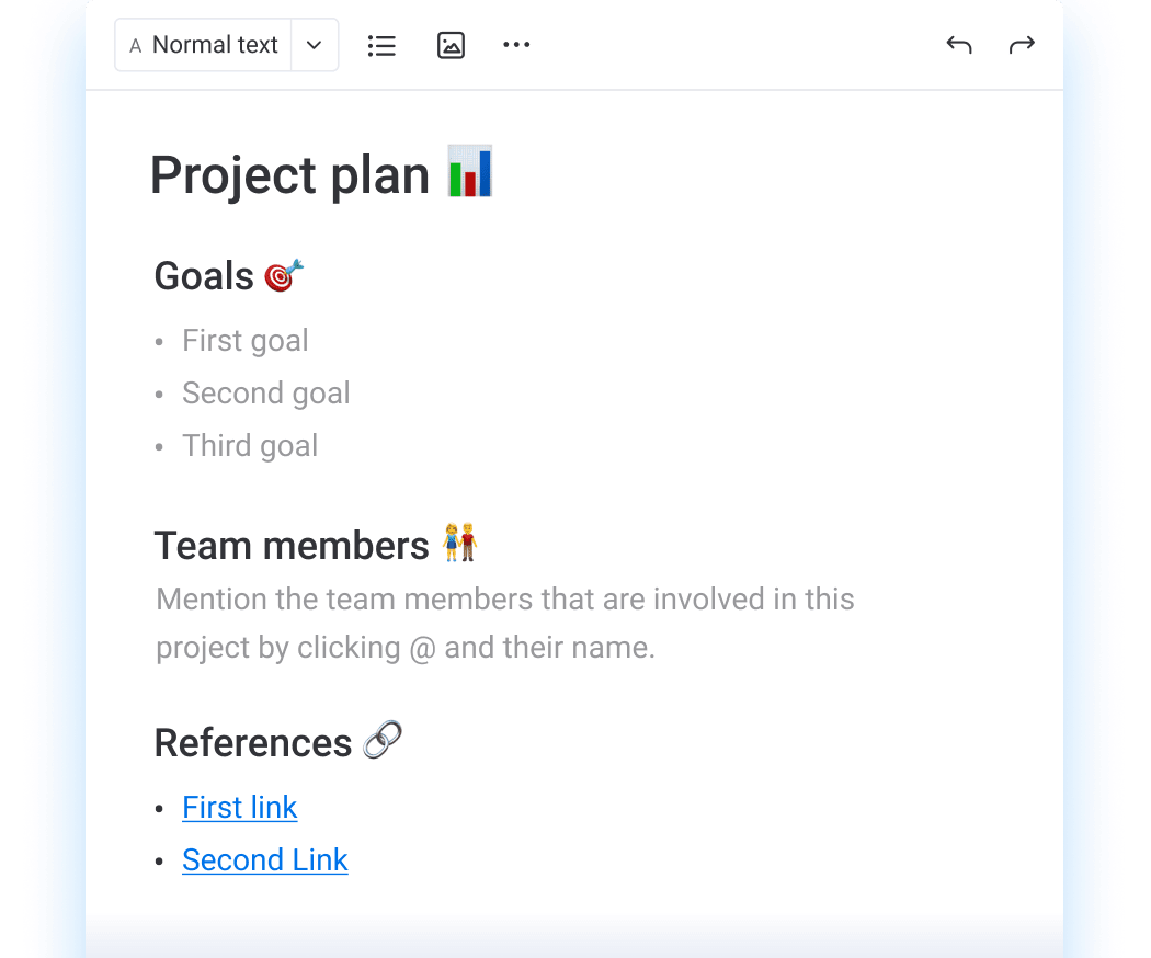 Image of a monday.com workdoc with a project plan, featuring goals, team members, and external links