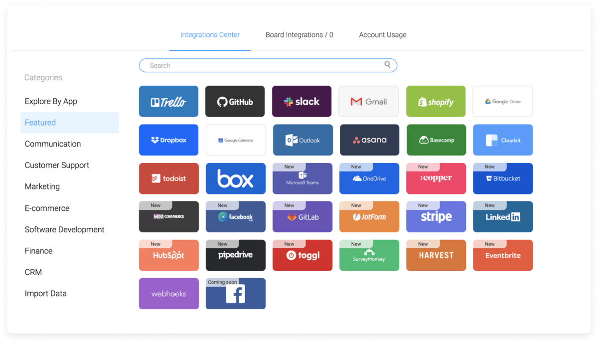 monday.com showing dozens of integrations