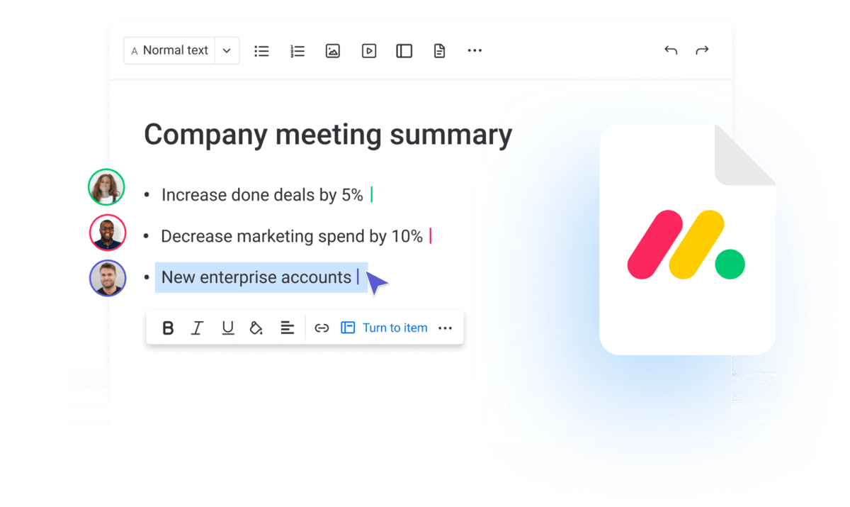 monday.com workdocs visual with a company meeting summary