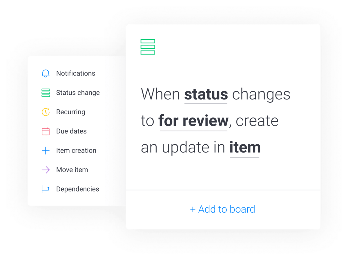 monday.com automation recipe that says "when status changes to for review, create an update in item"