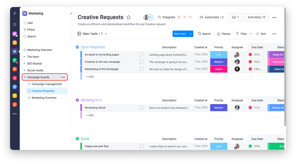 monday.com's creative request template which outlines the folders and workspaces users can use to organize their work