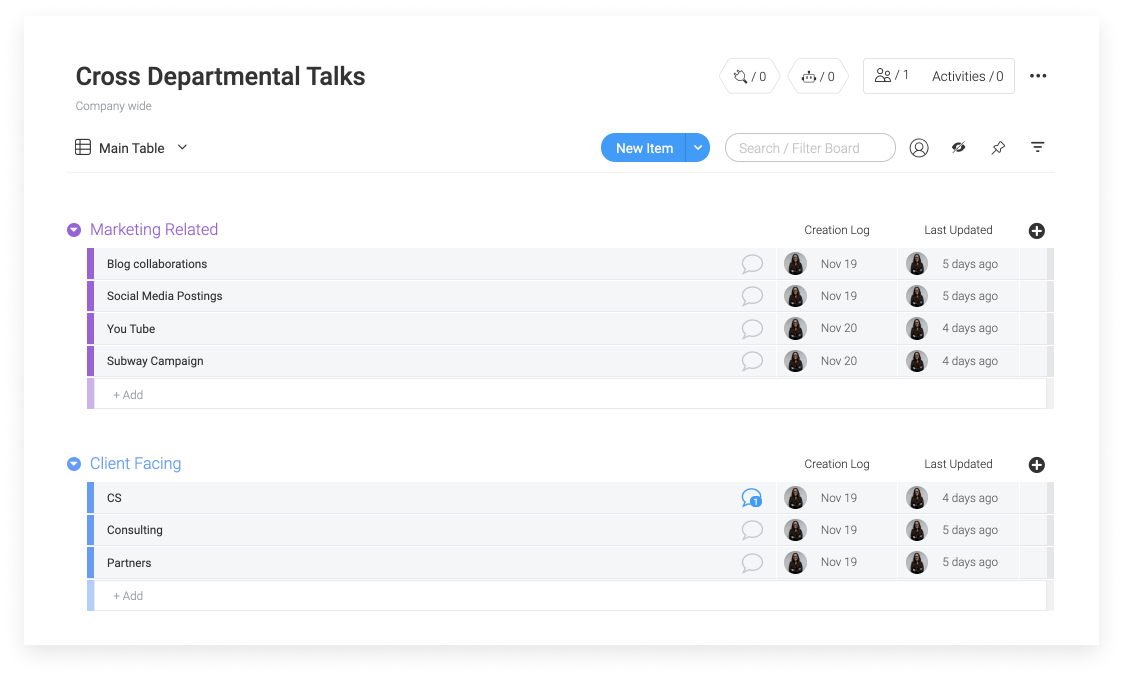 monday.com's cross departmental talks template