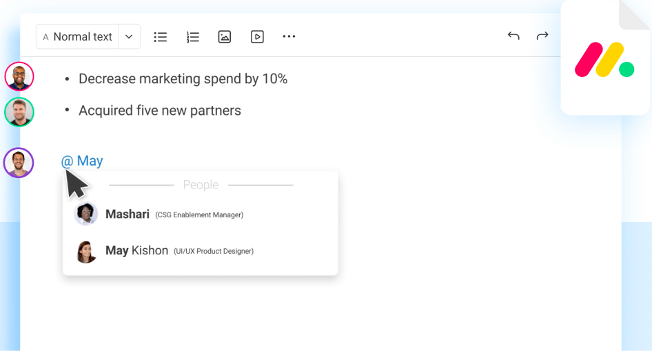 Image of a monday.com workdoc tagging a user