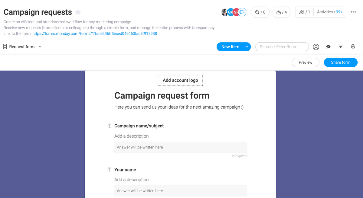 monday.com campaign request form