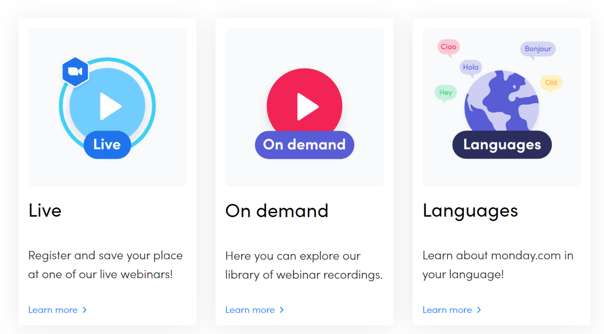 screenshot showing monday.com's options for live and on-demand webinars