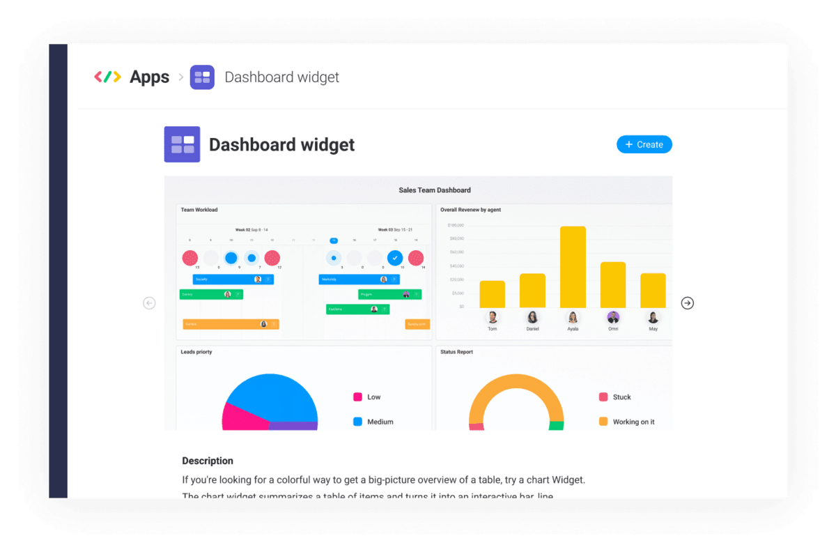 monday.com's dashboard widget in the apps marketplace