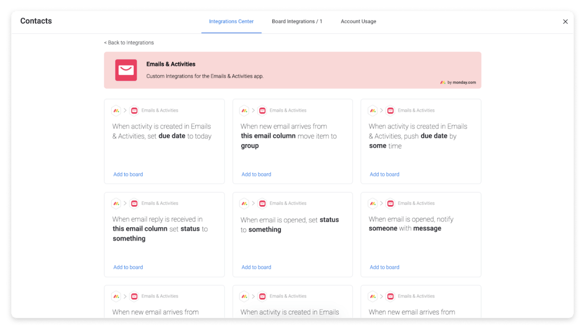 monday.com's email activities and apps