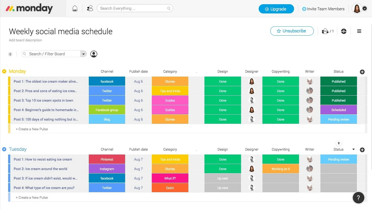 monday.com's weekly social media schedule template