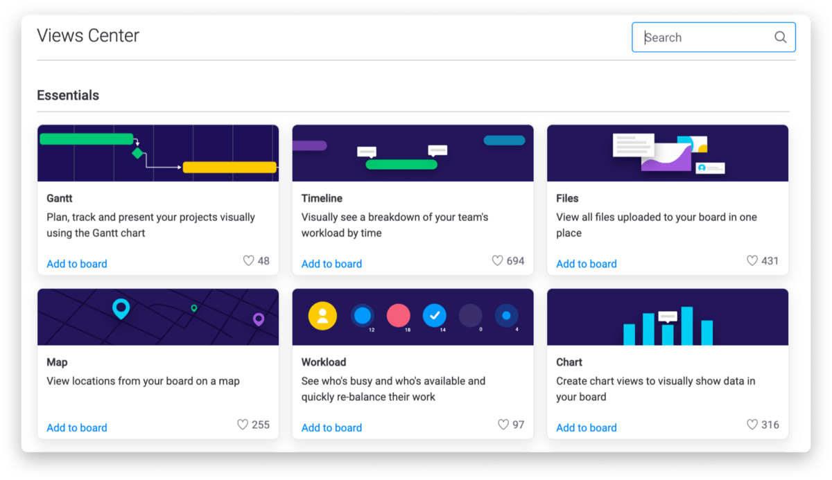 monday.com's views center shows users the essential project boards