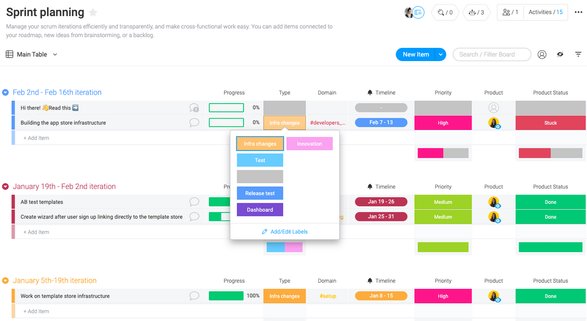 monday.com sprint planning template with color-coded columns