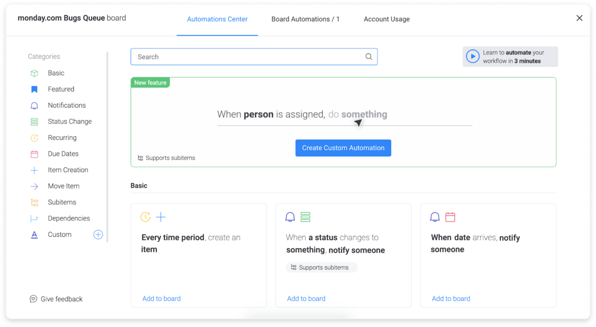 Image showing different monday.com automations in the Automations Center