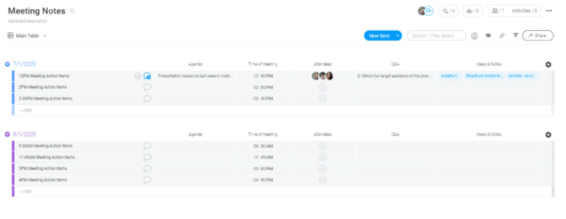 monday.com's meeting notes template screenshot