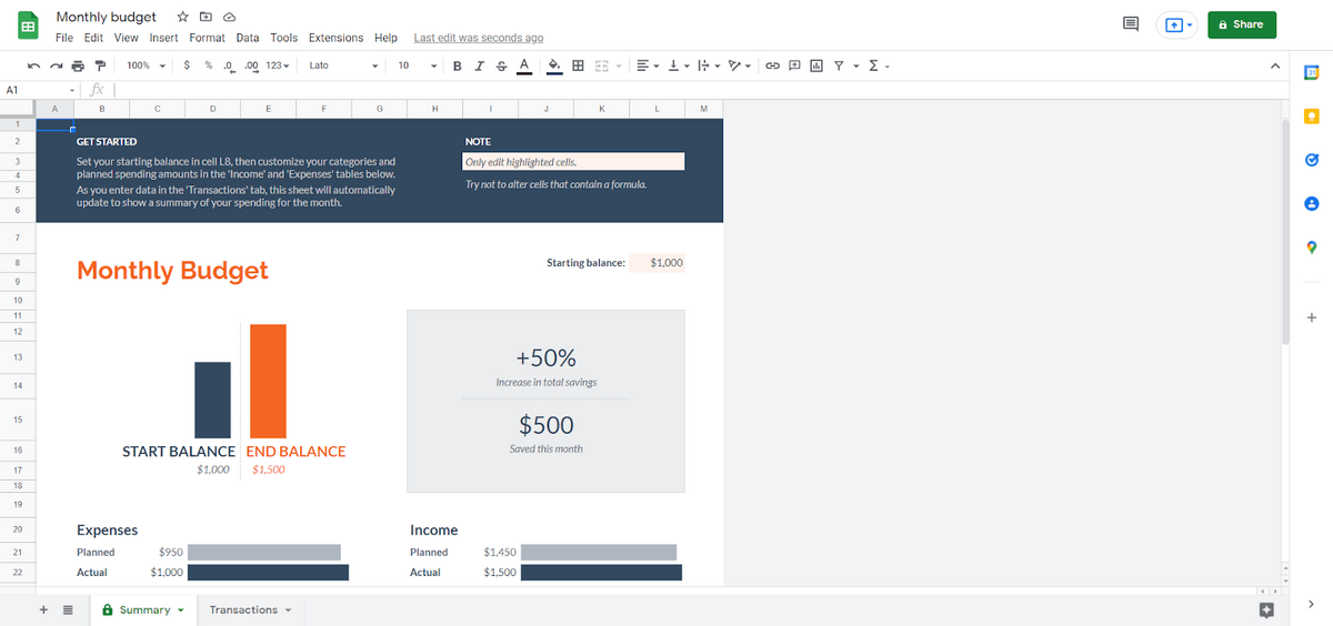 Example of a Google Sheets monthly budget template